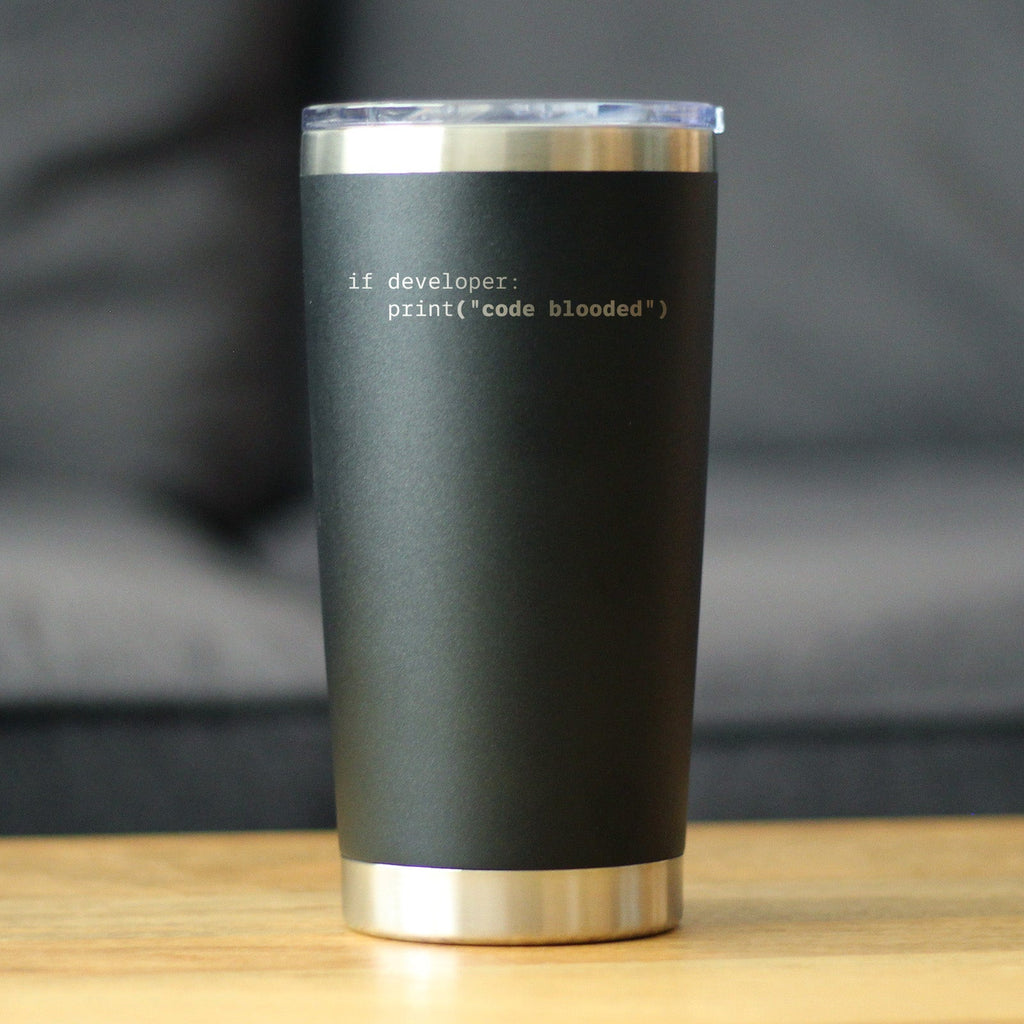 Code Blooded Insulated Coffee Tumbler with Sliding Lid Funny Tech Gifts for Programmer, Coder & Computer Geeks 20oz Stainless Steel Tumbler