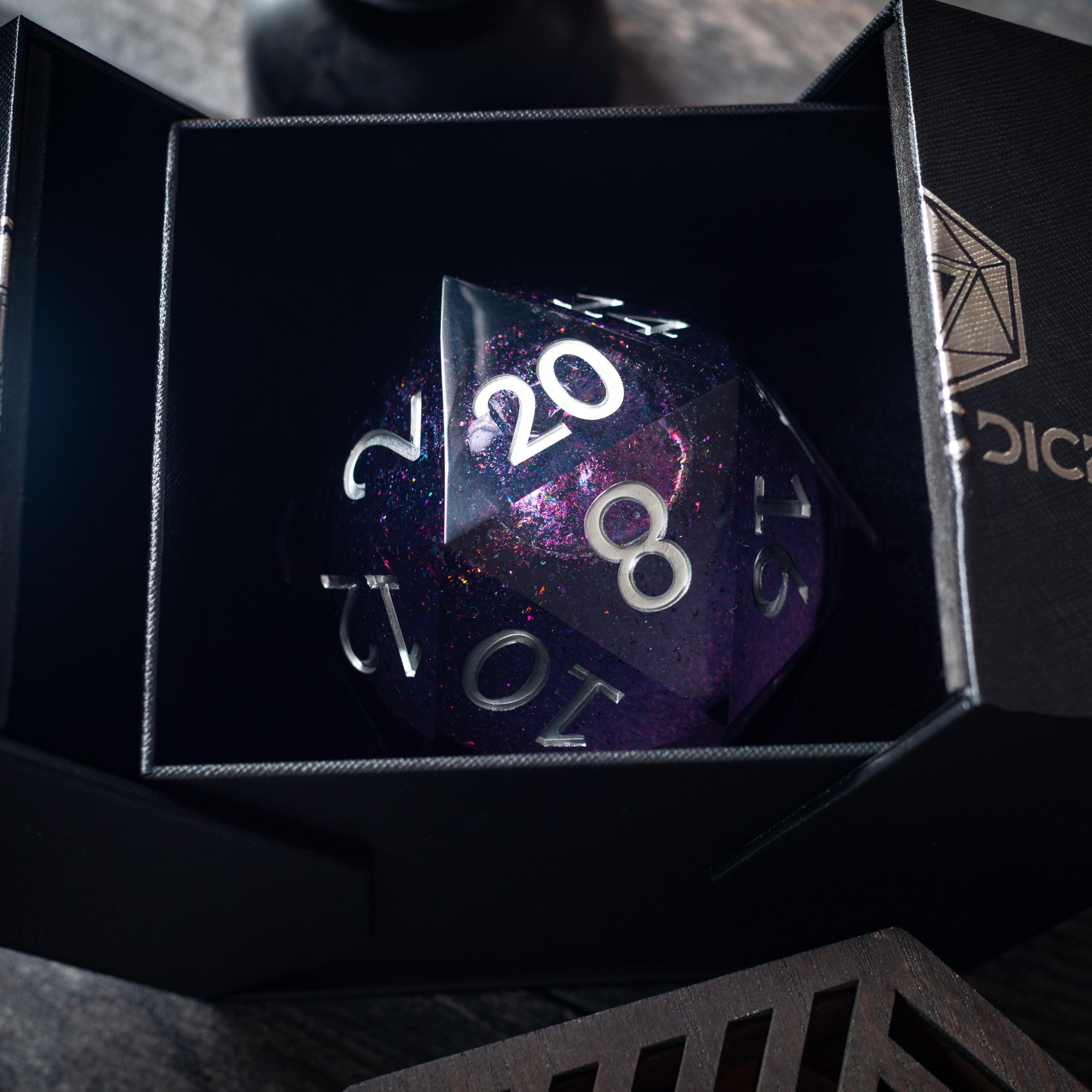 Massive Black Rainbow Glitter Liquid Core 95MM Chonk Handmade Resin Dice And Box