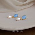 Pearl Gold Plated Mosquito Coil French Fresh Blue Glass Opal Ear Clip