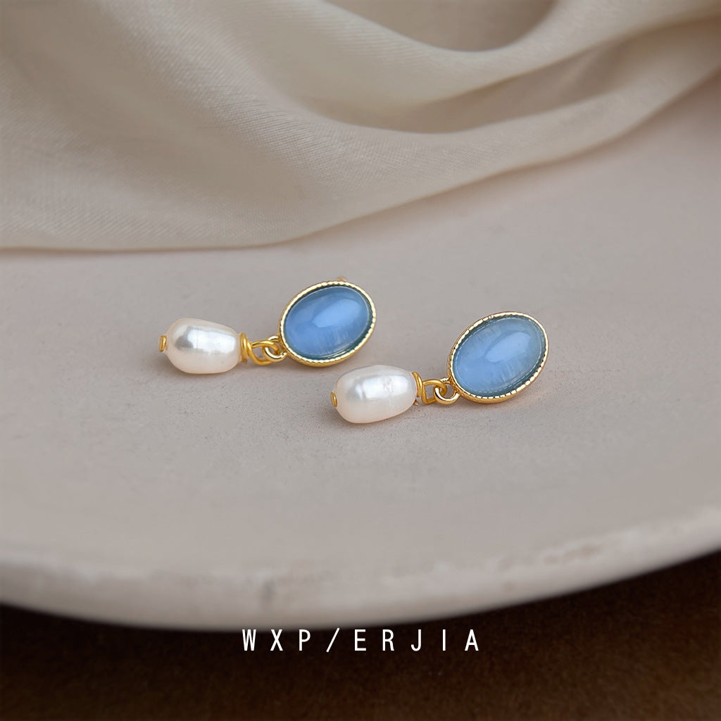 Pearl Gold Plated Mosquito Coil French Fresh Blue Glass Opal Ear Clip