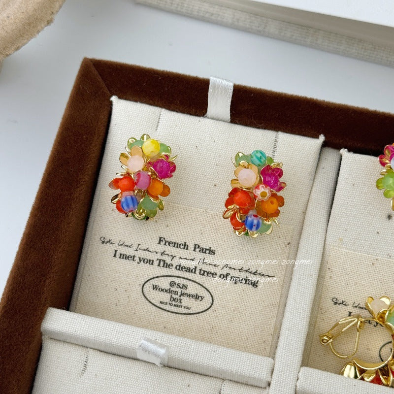 Women's Flowers Natural Stone Vintage Colorful Beaded Rainbow Small Mosquito Ear Clip