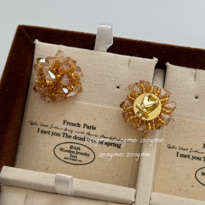 Atmosphere Champagne Water Gold Handmade Hydrangea Fireworks Beaded Crystal High-grade Ear Clip