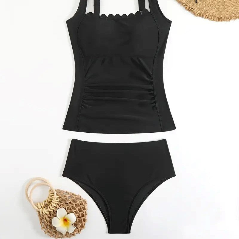 Black Two-Piece Tummy Control Slimming Chest Ruffled Straps Women's Swimsuit Bathing Suit