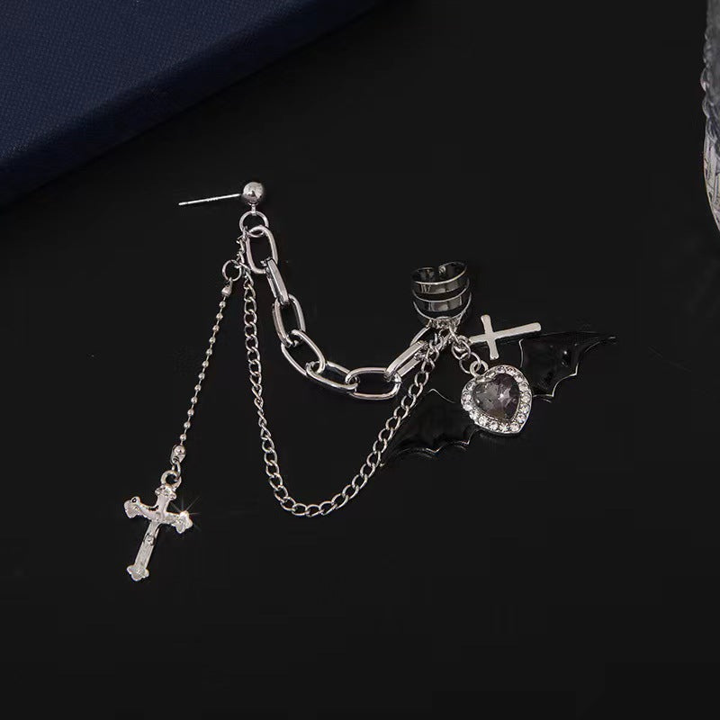 Little Devil Bat Wings Heart Shape Rhinestone Love Cross Chain Ear Clip