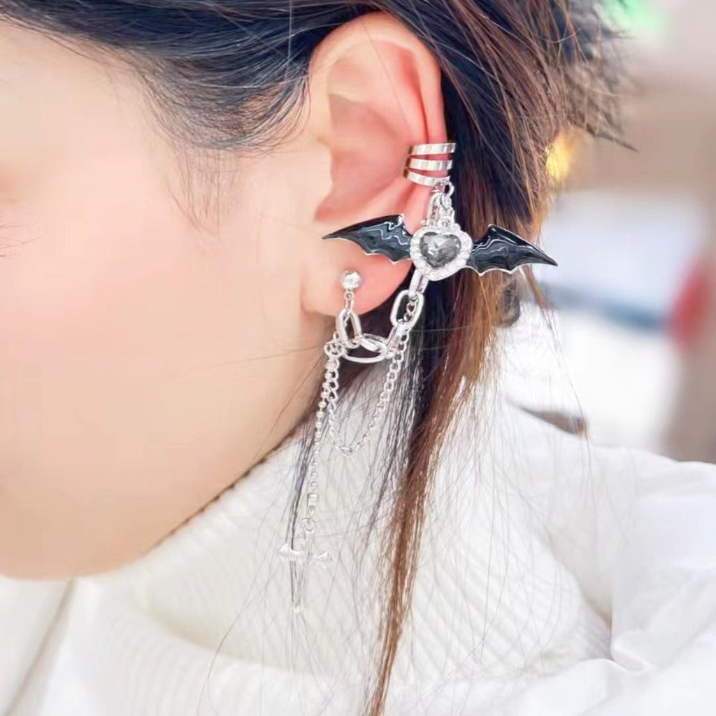 Little Devil Bat Wings Heart Shape Rhinestone Love Cross Chain Ear Clip