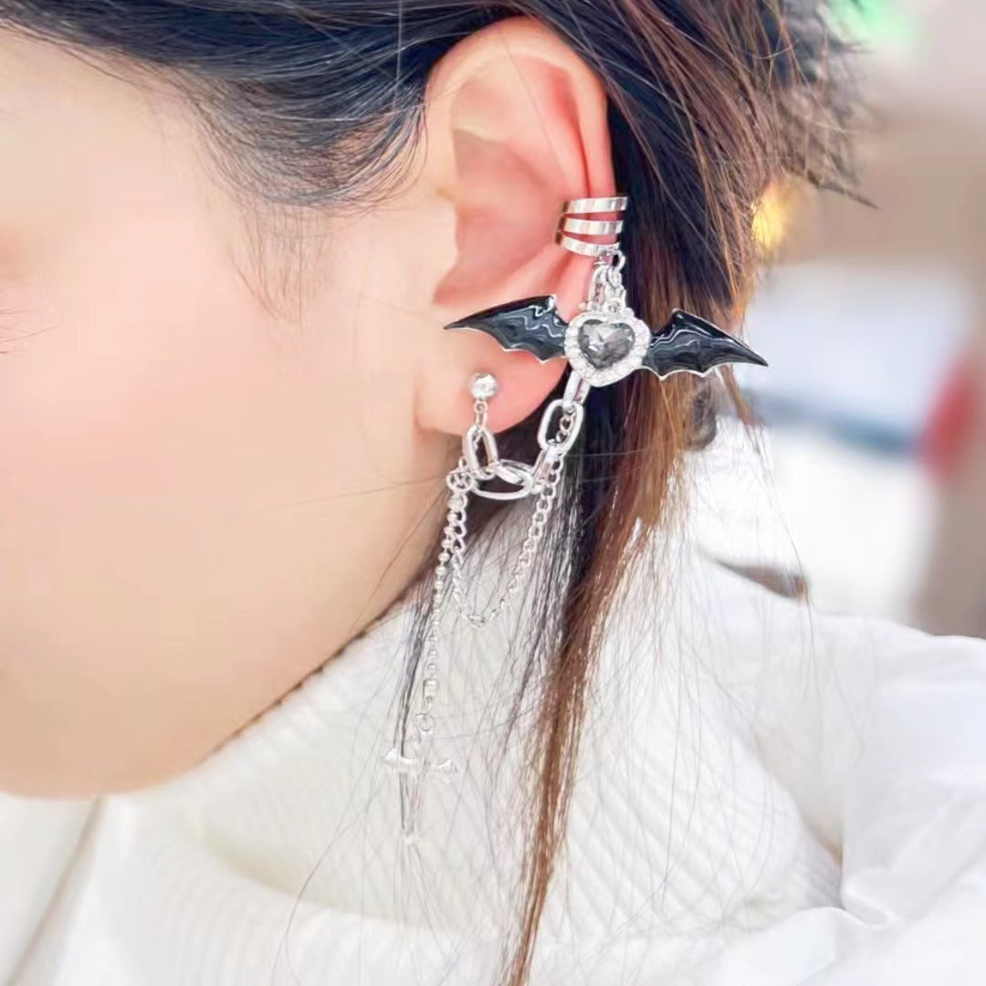 Little Devil Bat Wings Heart Shape Rhinestone Love Cross Chain Ear Clip