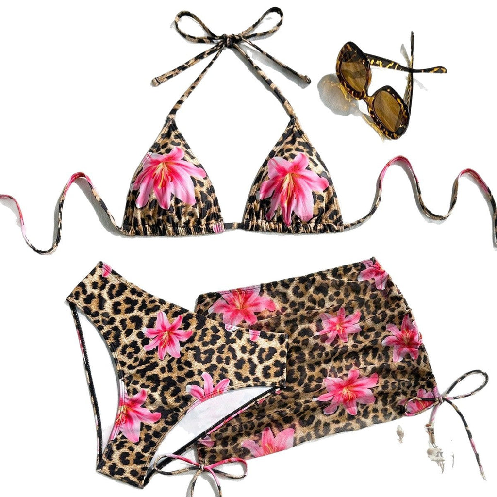 Leopard Print Bikini Three Piece Set Sexy Halterneck Thong Swimsuit for Vacation