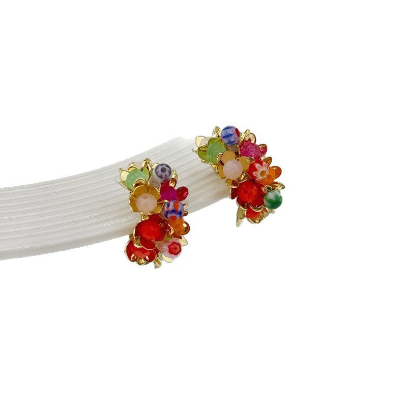 Women's Flowers Natural Stone Vintage Colorful Beaded Rainbow Small Mosquito Ear Clip