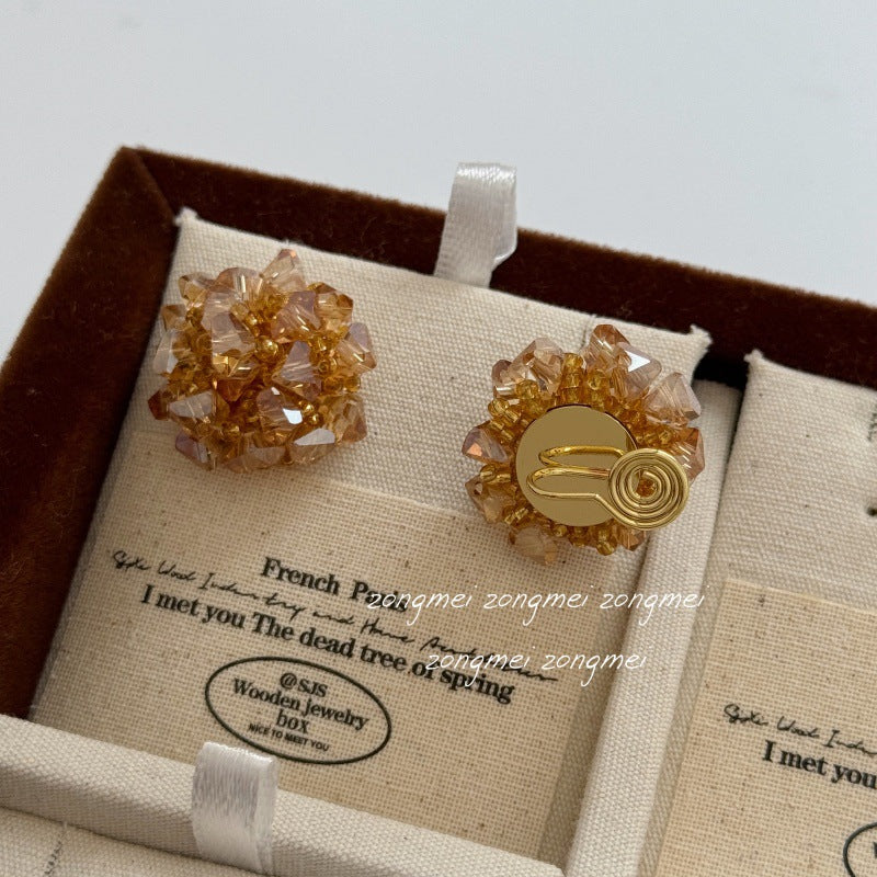 Atmosphere Champagne Water Gold Handmade Hydrangea Fireworks Beaded Crystal High-grade Ear Clip