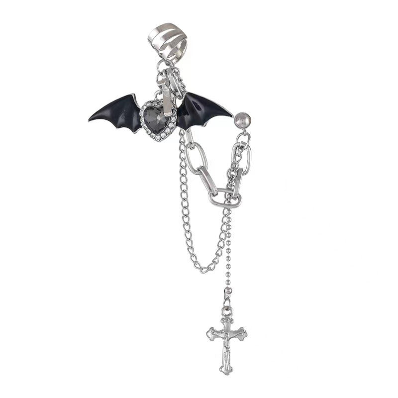Little Devil Bat Wings Heart Shape Rhinestone Love Cross Chain Ear Clip