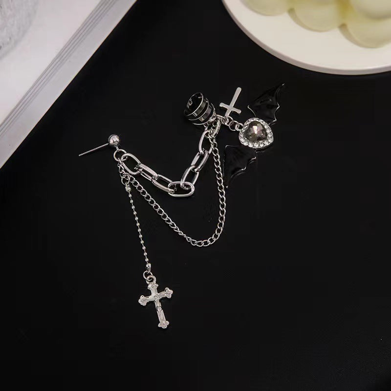 Little Devil Bat Wings Heart Shape Rhinestone Love Cross Chain Ear Clip