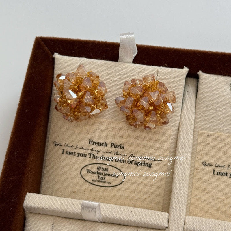 Atmosphere Champagne Water Gold Handmade Hydrangea Fireworks Beaded Crystal High-grade Ear Clip