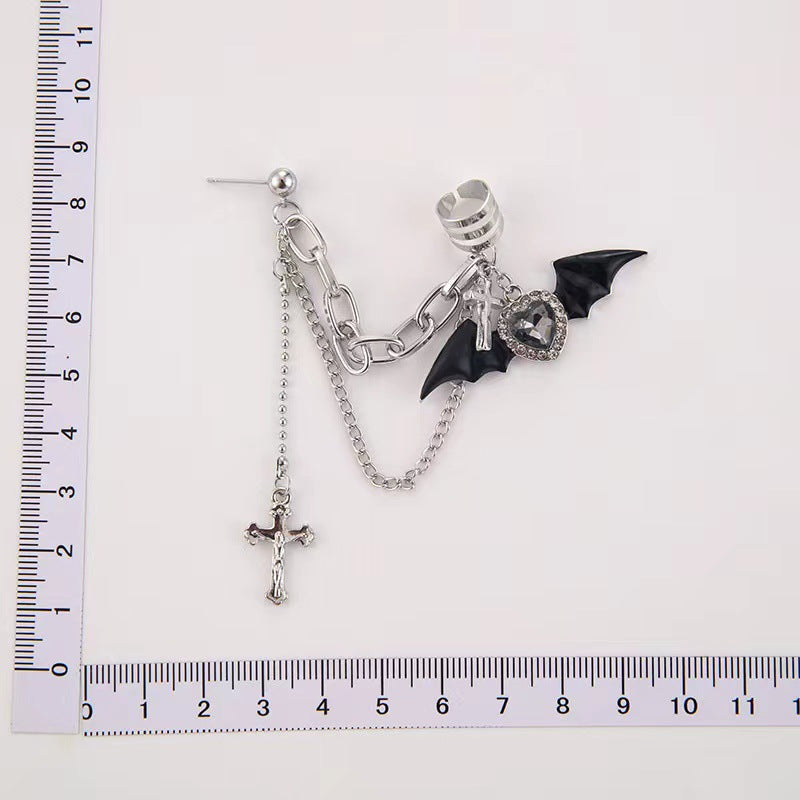 Little Devil Bat Wings Heart Shape Rhinestone Love Cross Chain Ear Clip