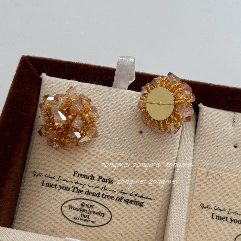 Atmosphere Champagne Water Gold Handmade Hydrangea Fireworks Beaded Crystal High-grade Ear Clip