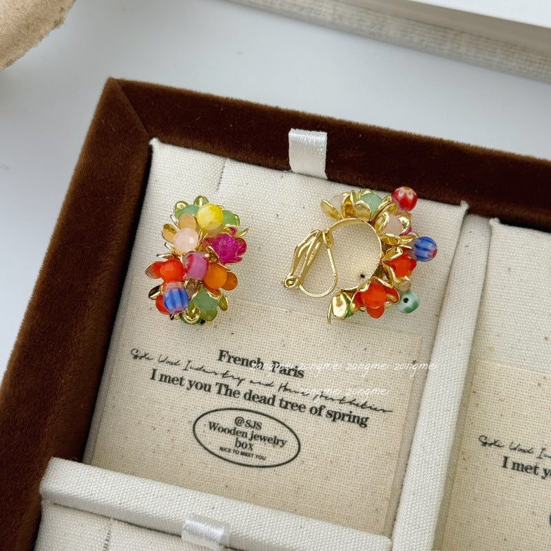 Women's Flowers Natural Stone Vintage Colorful Beaded Rainbow Small Mosquito Ear Clip