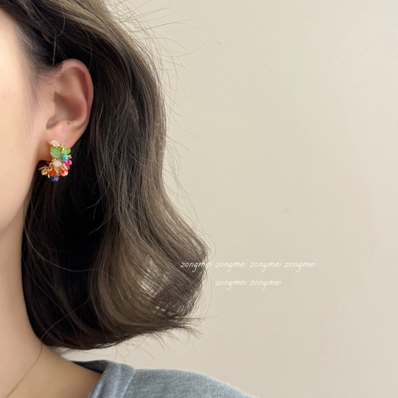 Women's Flowers Natural Stone Vintage Colorful Beaded Rainbow Small Mosquito Ear Clip