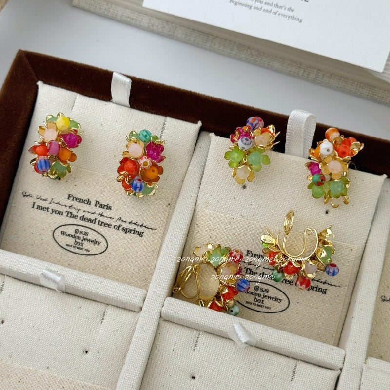 Women's Flowers Natural Stone Vintage Colorful Beaded Rainbow Small Mosquito Ear Clip