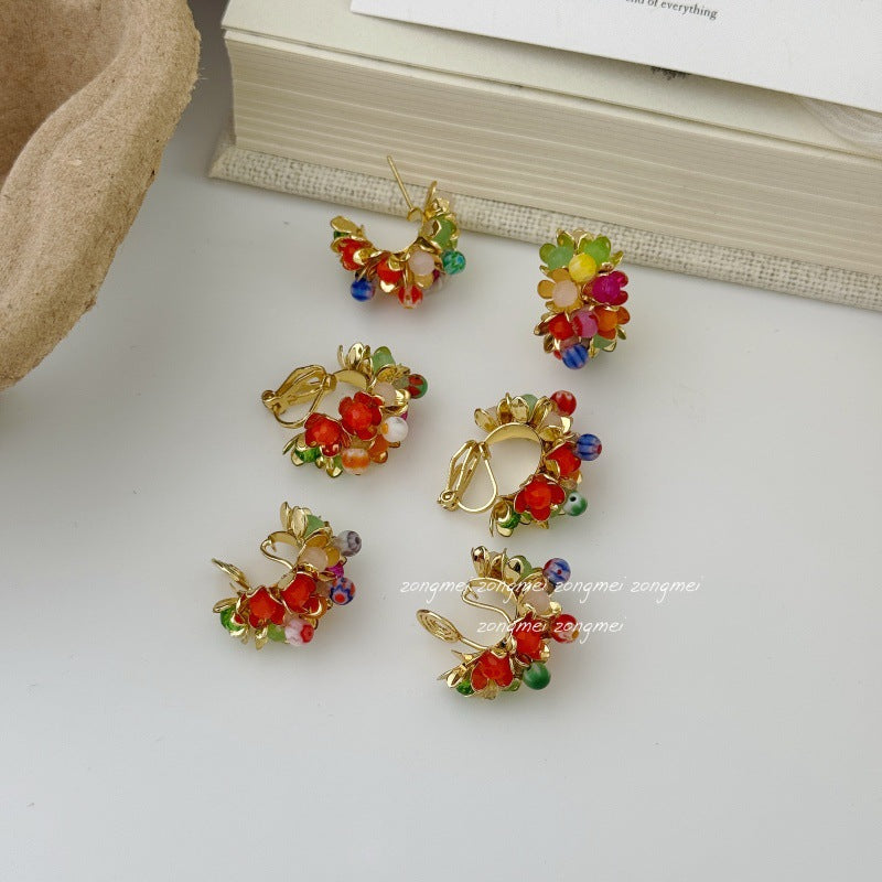 Women's Flowers Natural Stone Vintage Colorful Beaded Rainbow Small Mosquito Ear Clip