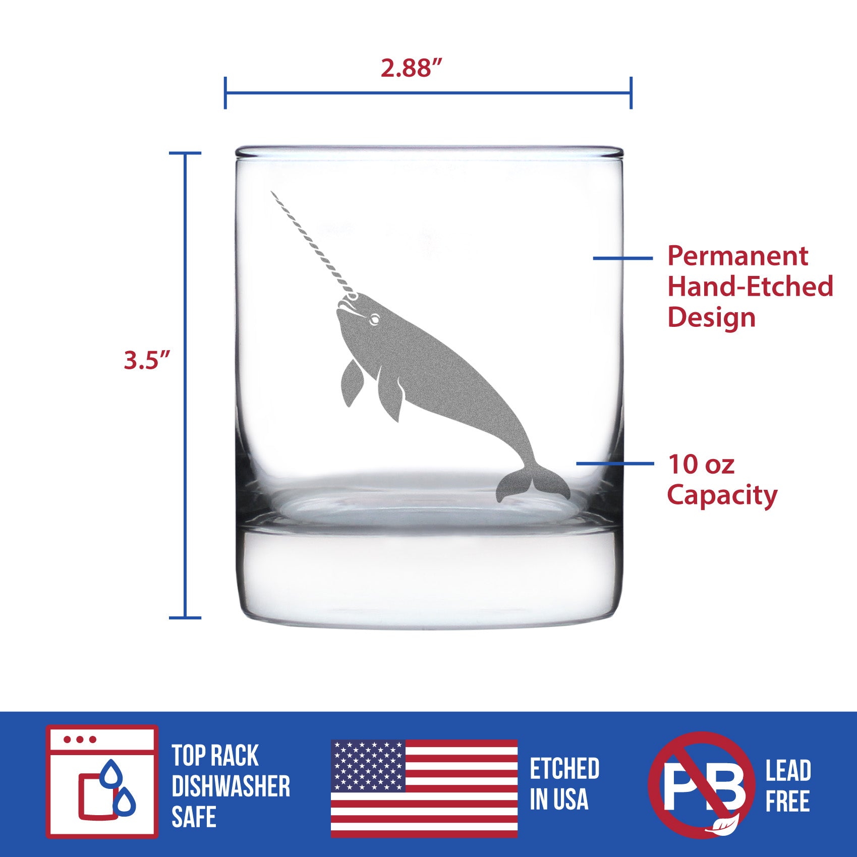 Narwhal Engraved Rocks Glass Narwhal Gifts for Women Weighted Whiskey Glasses - 10.25 oz