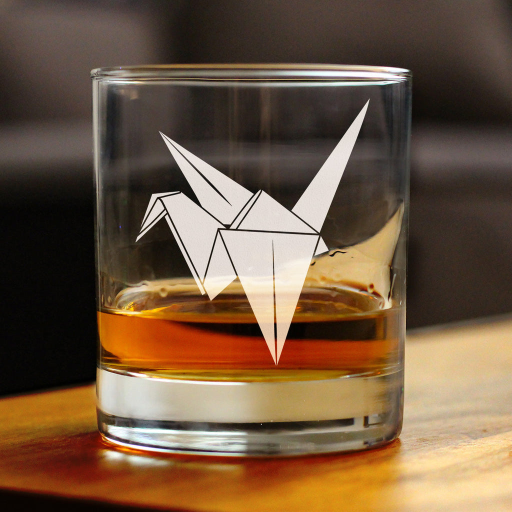 Paper Crane Engraved Rocks Glass Japanese Decor and Gifts Weighted Whiskey Glasses - 10.25 oz