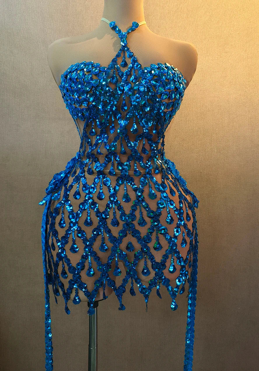 Sparkly Crystals & Sequins Mesh Halter Dress