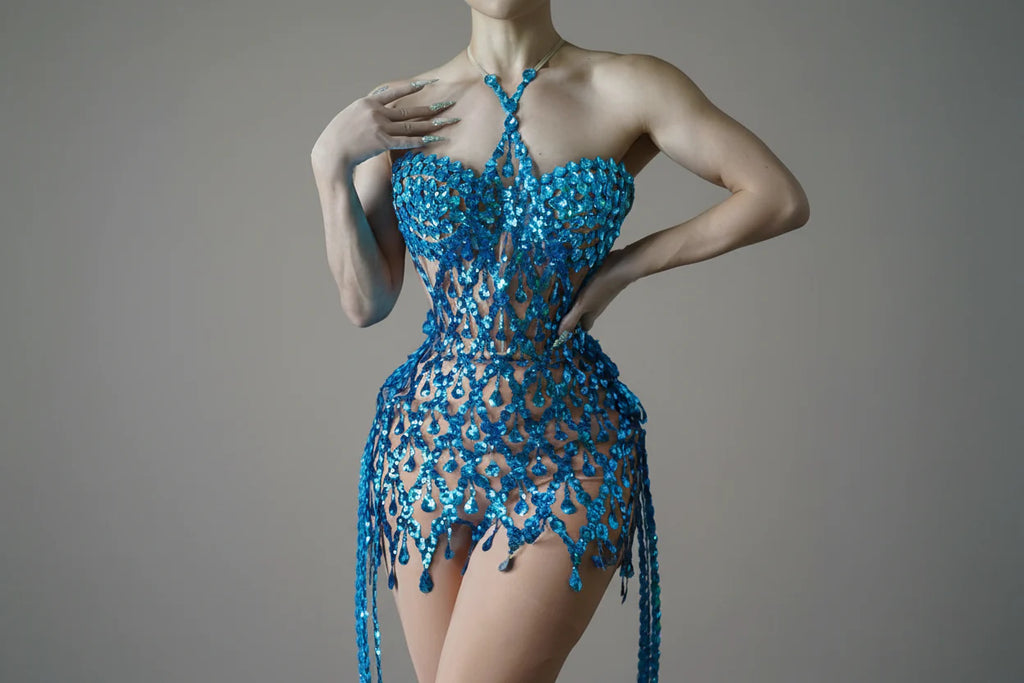 Sparkly Crystals & Sequins Mesh Halter Dress