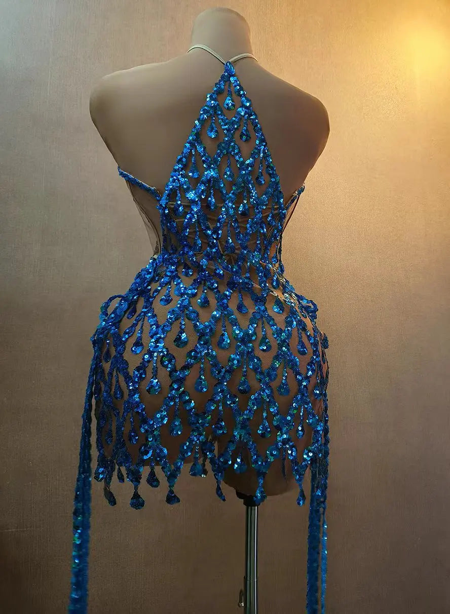 Sparkly Crystals & Sequins Mesh Halter Dress