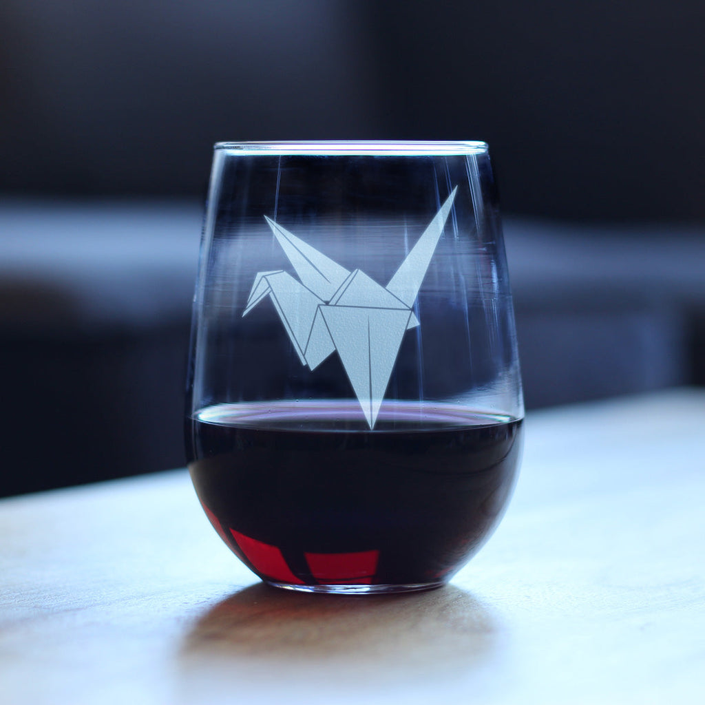 Paper Crane Engraved Stemless Wine Glass Japanese Decor and Gifts Large Wine Glasses - 17 oz