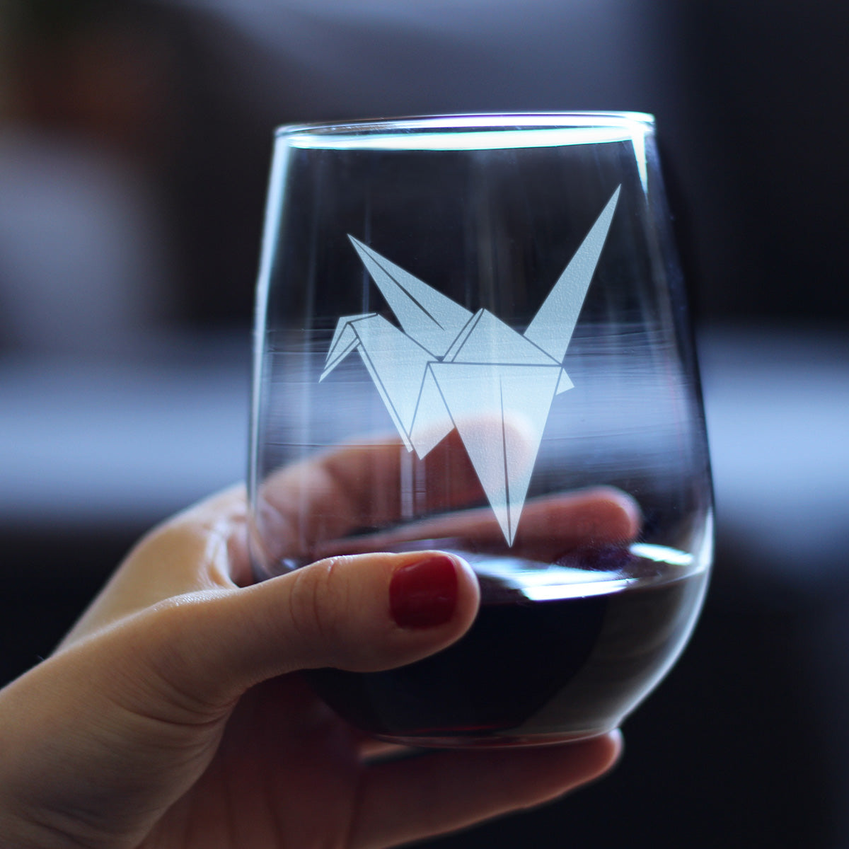 Paper Crane Engraved Stemless Wine Glass Japanese Decor and Gifts Large Wine Glasses - 17 oz