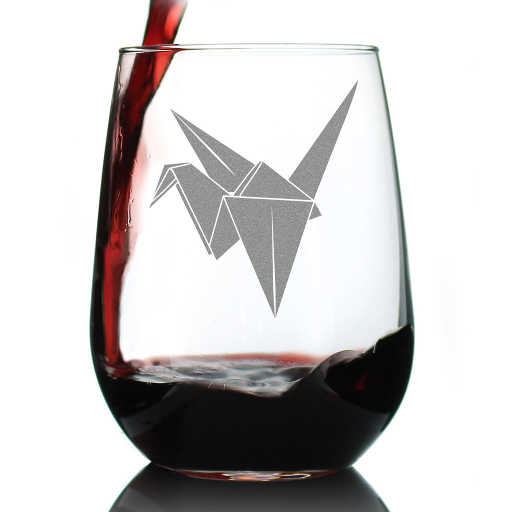 Paper Crane Engraved Stemless Wine Glass Japanese Decor and Gifts Large Wine Glasses - 17 oz