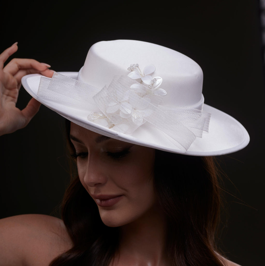 White Bridal Hat with Pearls and Flowers