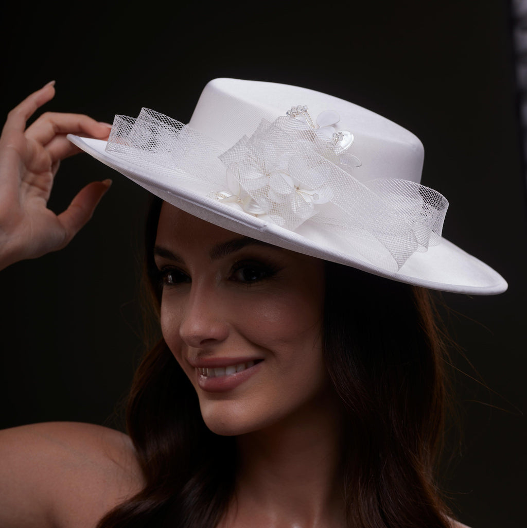 White Bridal Hat with Pearls and Flowers