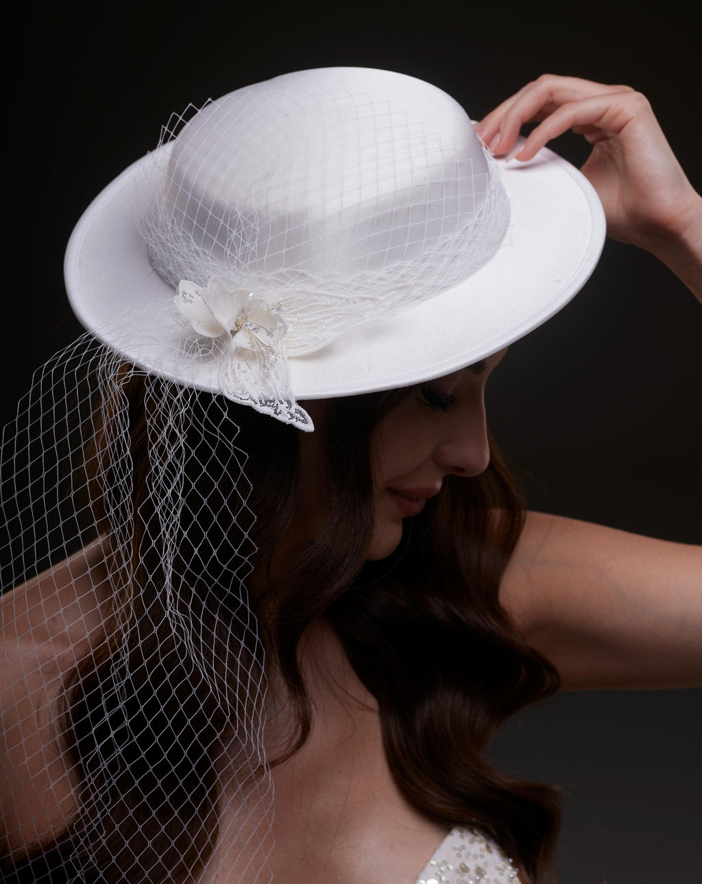 White Satin Hat with Flower and Veil Netting