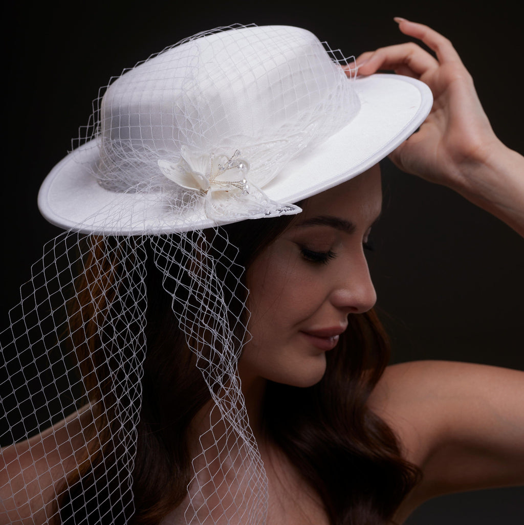 White Satin Hat with Flower and Veil Netting