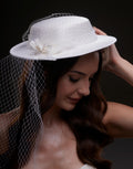 White Satin Hat with Flower and Veil Netting