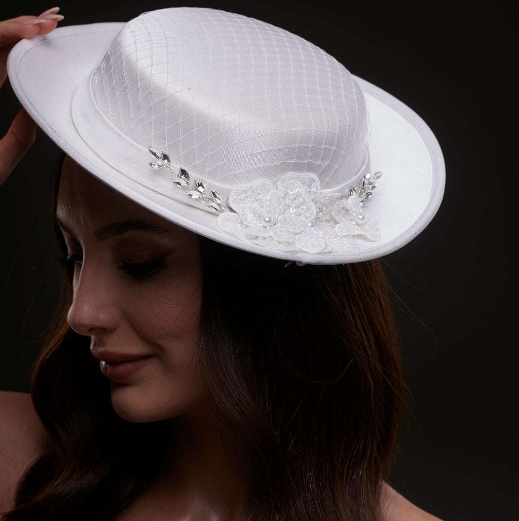 White Satin Hat with Lace Flowers & Crystal Leaves
