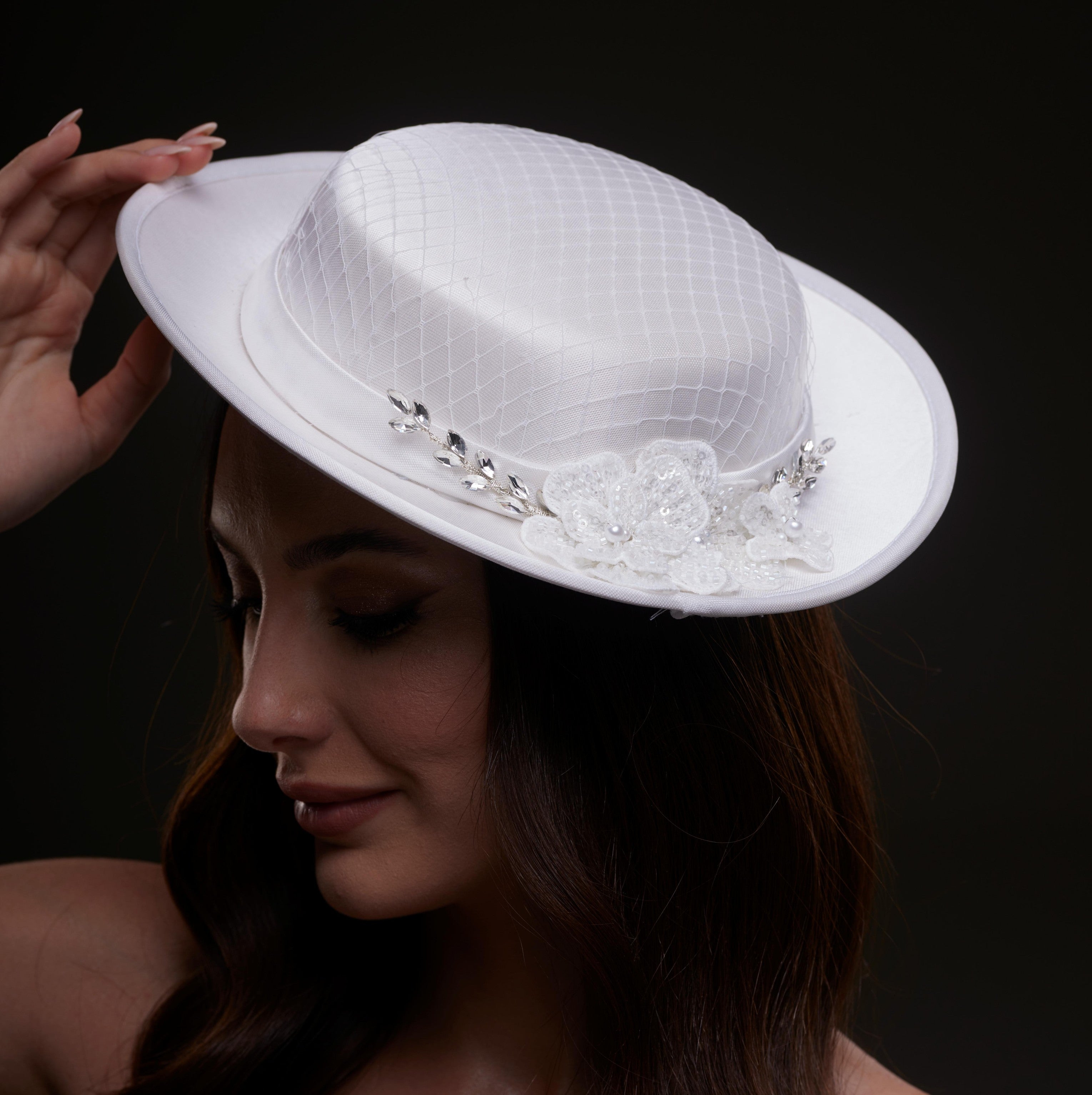 White Satin Hat with Lace Flowers & Crystal Leaves