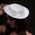 White Satin Hat with Lace Flowers & Crystal Leaves