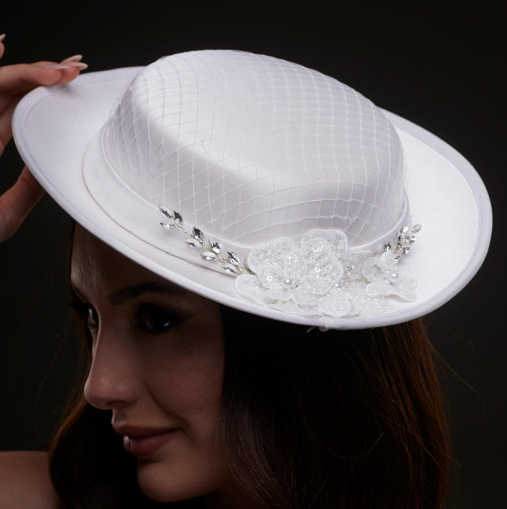 White Satin Hat with Lace Flowers & Crystal Leaves