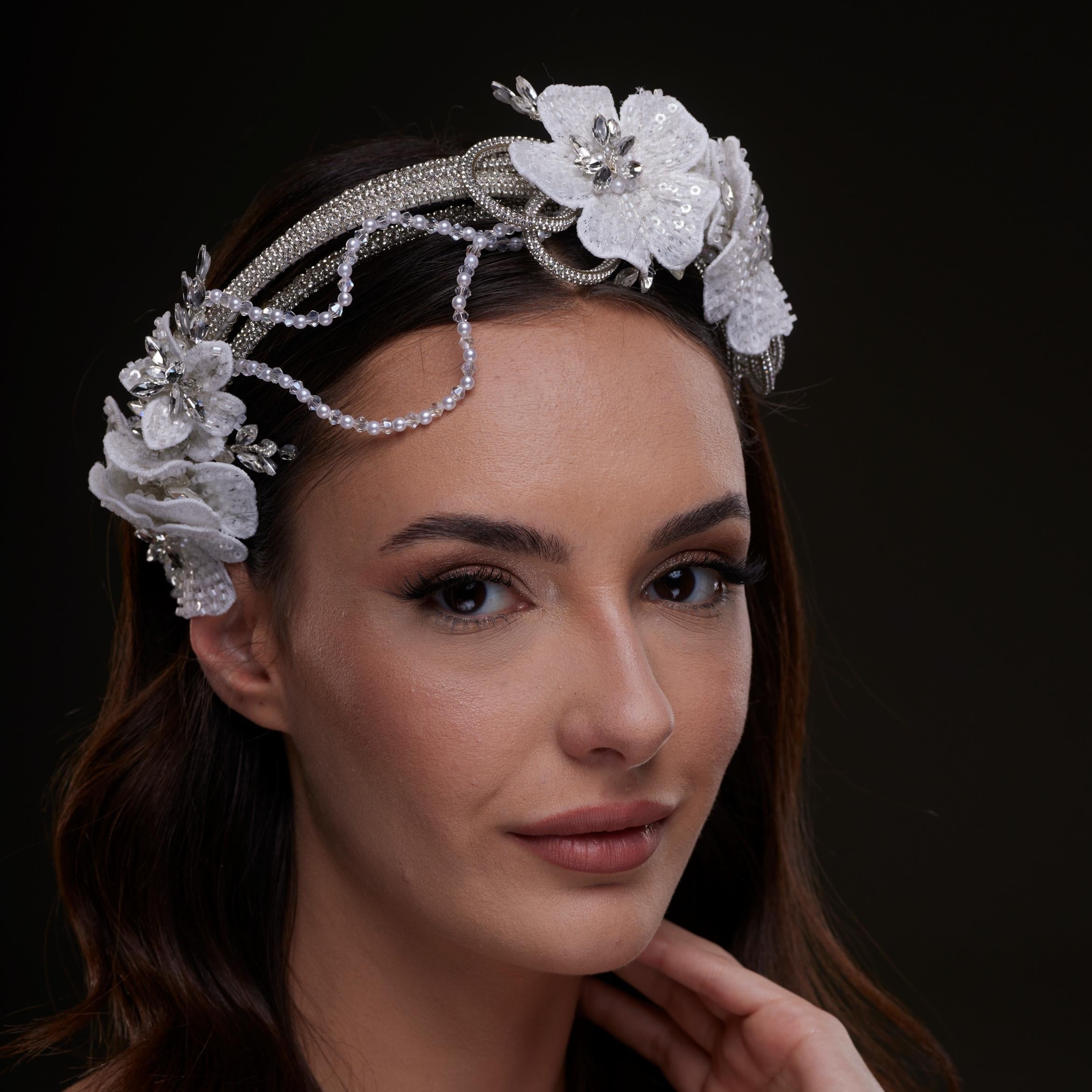 White Sequin Floral Hair Band