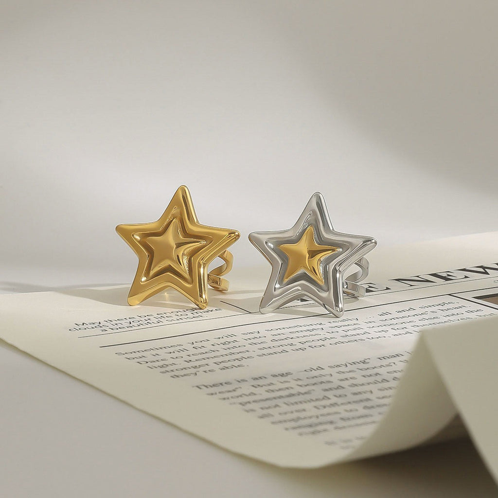 18K gold five-pointed star with texture design simple personality ring