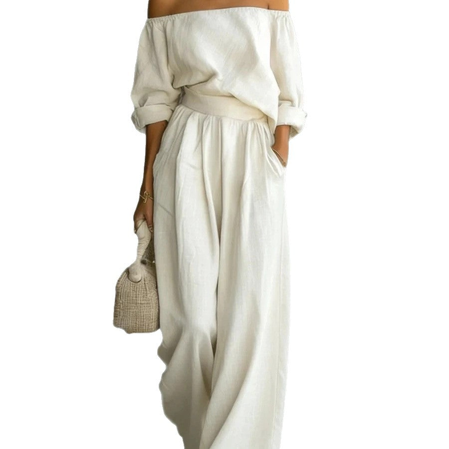 Casual Two-Piece Womens Outfit Off-Shoulder Top And Wide-Leg Pants Set (see size chart under more details)