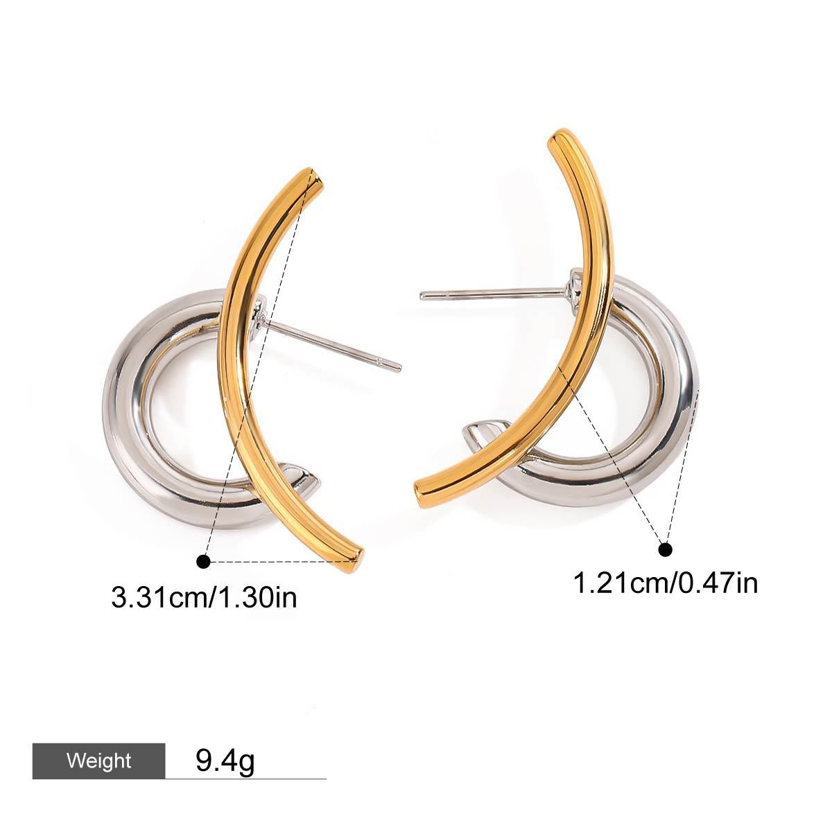 18K gold double C-shaped earrings with gold and silver color matching design, trendy and personalized