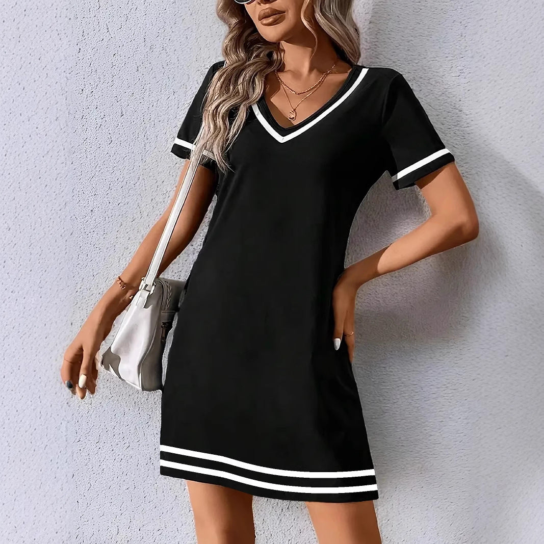 Women's Contrast-Color V-Neck A-Line Dress – Short Sleeve, Elegant, Mid-Rise