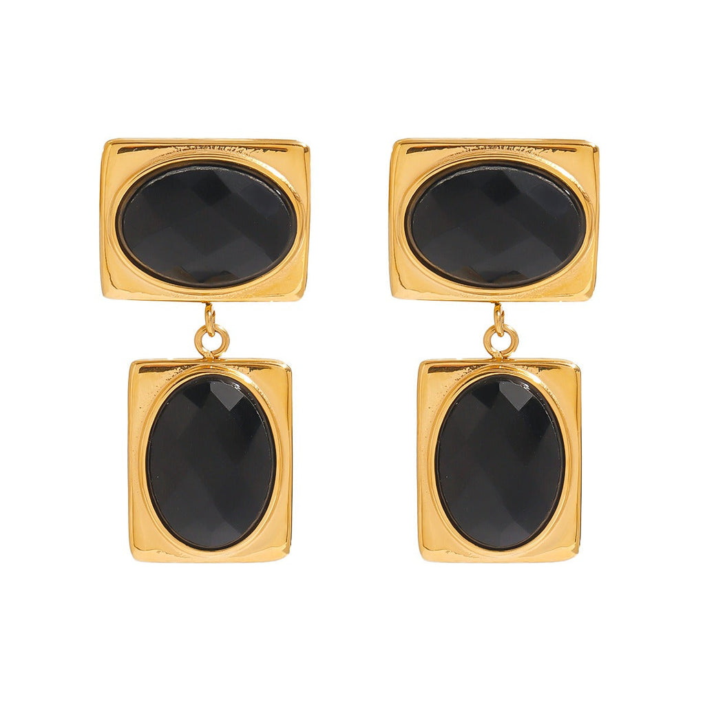 18k gold rectangular inlaid oval gemstone design trendy and unique earrings
