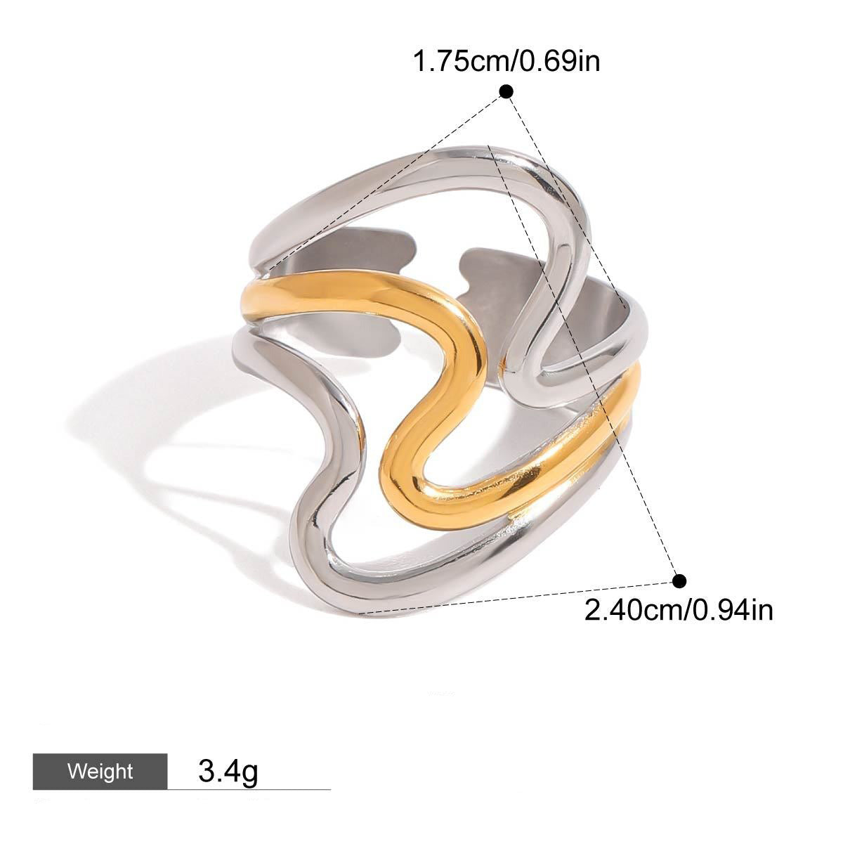 18K gold geometric lines with gold and silver color matching design simple and elegant ring