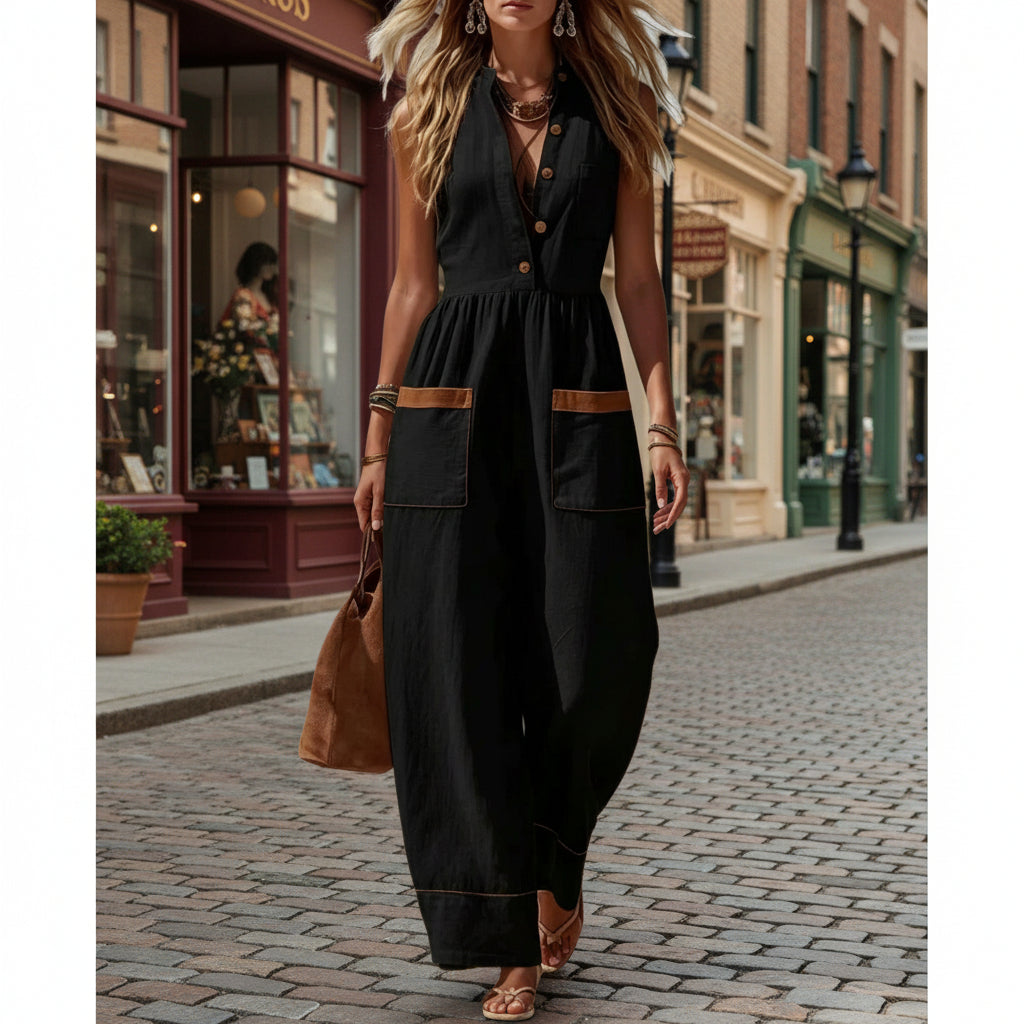 Women's Sleeveless Wide-Leg Jumpsuit – Loose Fit, V-Neck, Cotton Linen
