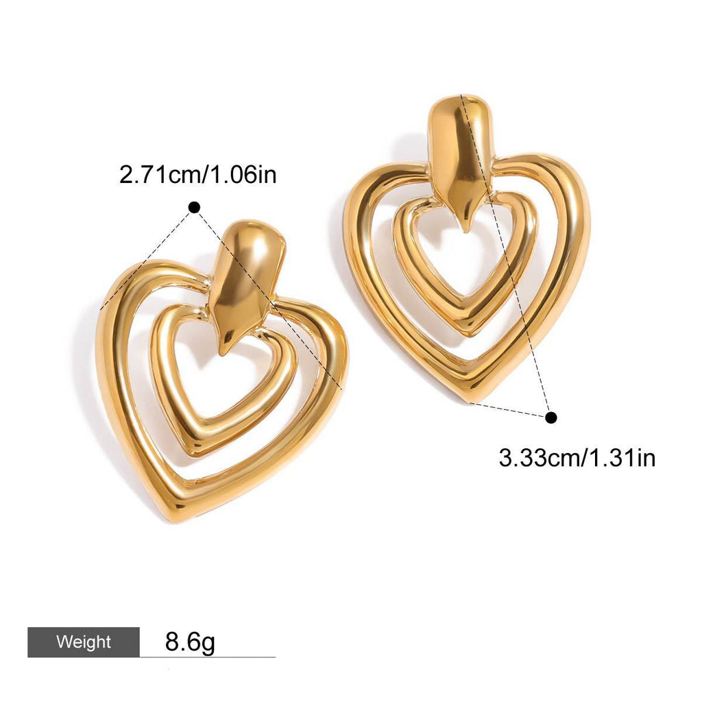 18K gold double-layer heart with hollow design simple and elegant earrings