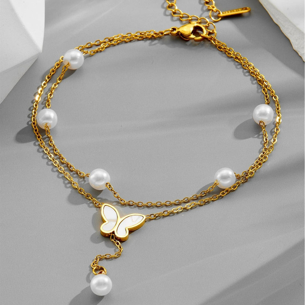 18k gold light luxury multi-layer stacked pearl butterfly tassel anklet