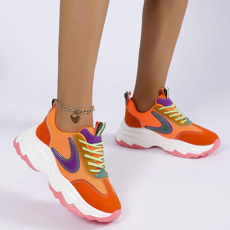 Women's Mixed-Color Lace-Up Sneakers | Mesh Breathable Lightweight Platform Running Shoes